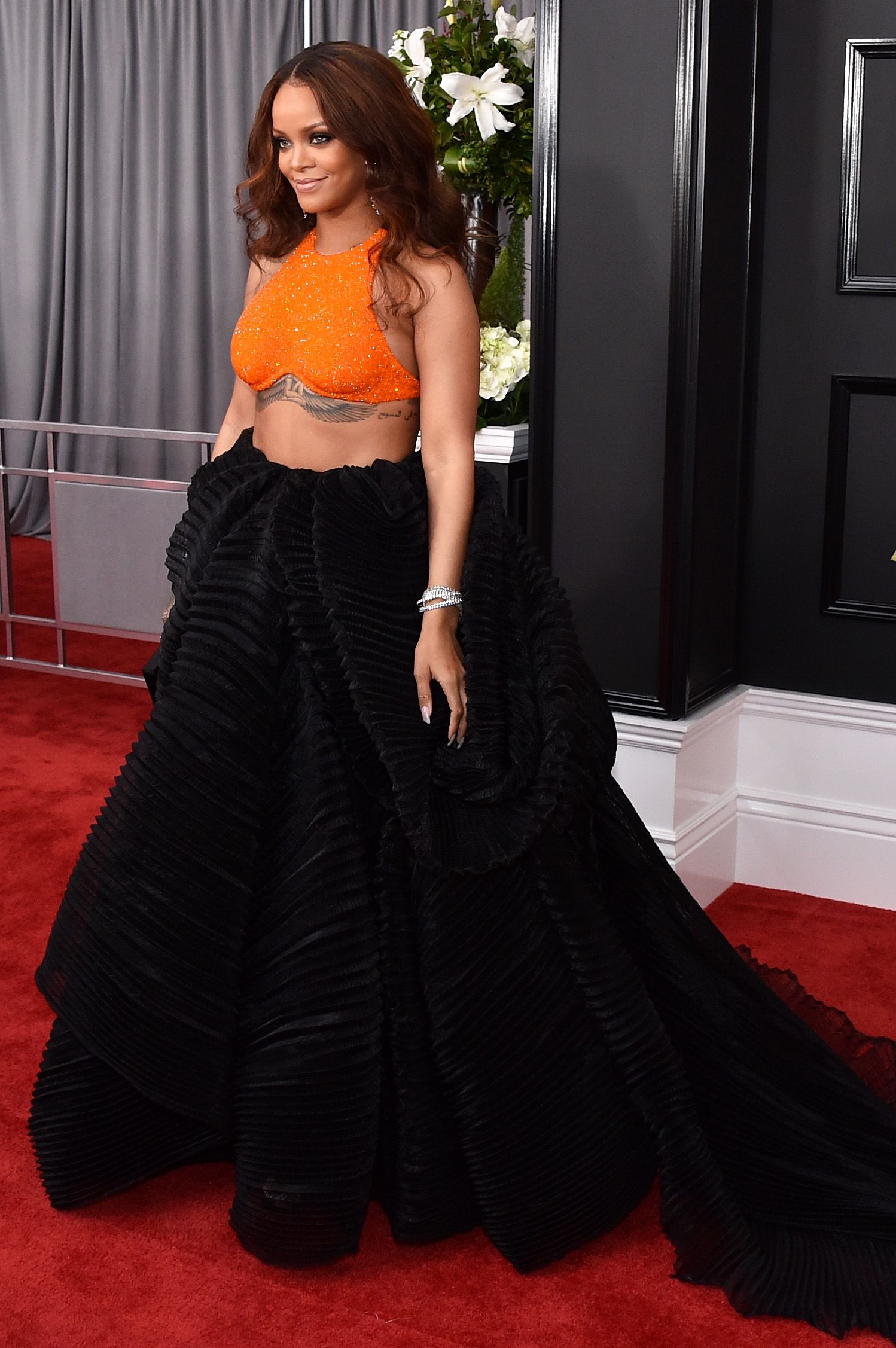 black and orange gown