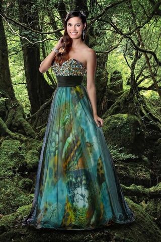Dress, Clothing, Gown, Green, Shoulder, Strapless dress, Formal wear, Fashion model, Bridal party dress, A-line, 