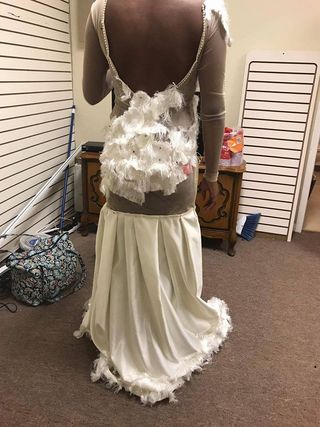 White, Clothing, Dress, Gown, Bridal party dress, Wedding dress, Lace, Bridal clothing, Shoulder, Textile, 