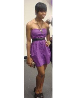 Clothing, Leg, Dress, Shoulder, Photograph, Joint, Human leg, Purple, One-piece garment, Strapless dress, 