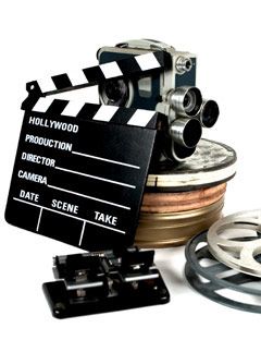 movie camera and reels of film