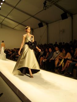 Clothing, Fashion show, Hairstyle, Event, Dress, Shoulder, Runway, Joint, Formal wear, Fashion model, 