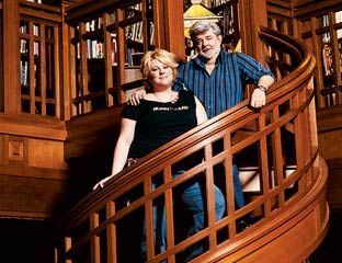 george lucas with his daughter on spiral staircase