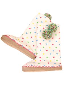 white slipper boots with colorful hearts