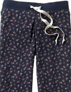 dark blue long johns bottoms with mini multi colored flowers and white drawstring