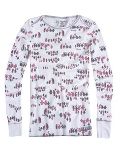 white thermal shirt with pink and gray penguins