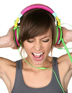 brown haired girl wearing neon pink, yellow, and green headphones