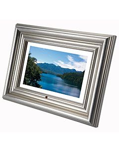 digital picture frame with a photo of a lake