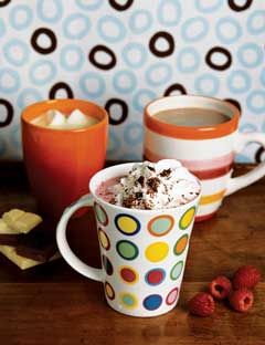 three multi colored mugs with cocoa and ice cream