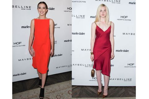 elle fanning and zoey deutch wear the 90s trend in simple red dresses 