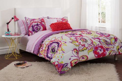 Room, Interior design, Bed, Bedding, Bedroom, Floor, Textile, Purple, Bed sheet, Wall, 