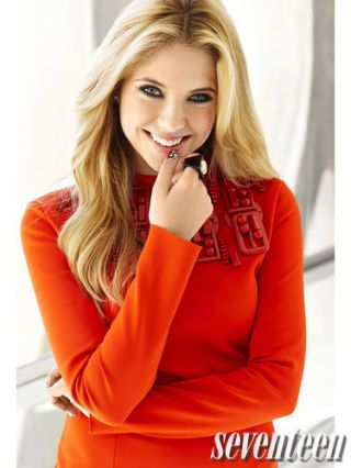 Ashley Benson in colorful orange sweater for seventeen magazine shoot