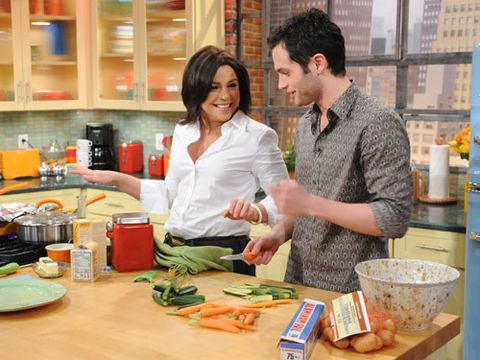 Penn Badgley cooking with Rachael Ray