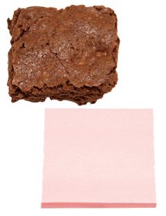 square brownie above a pad of post it notes