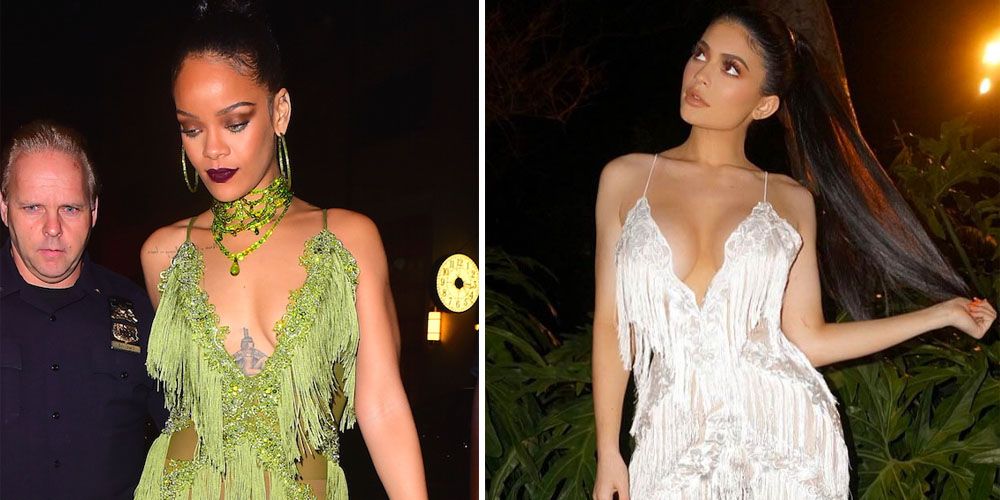 Rihanna green best sale fringe jumpsuit