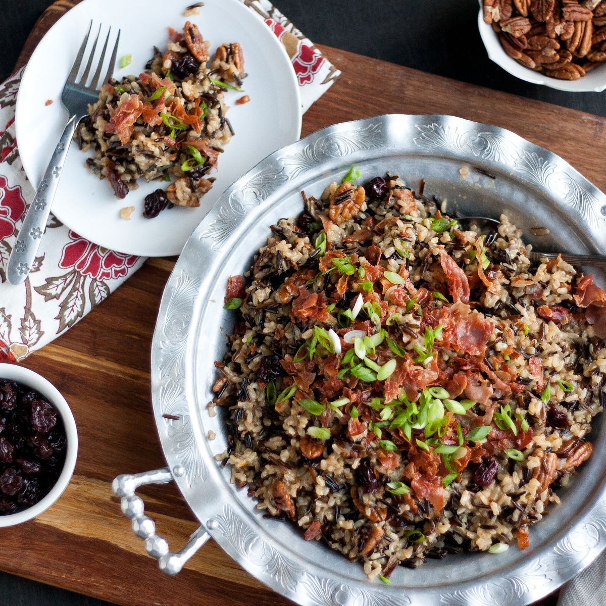 Gluten-Free Wild Rice Stuffing with Prosciutto, Cherries, and Spiced Pecans