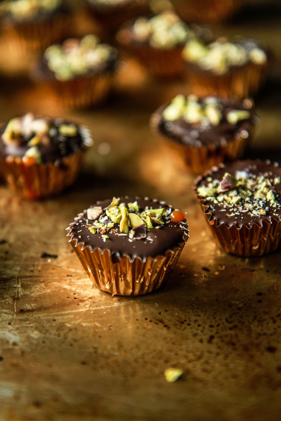Chocolate Bourbon Caramel Cups with Salted Pistachios