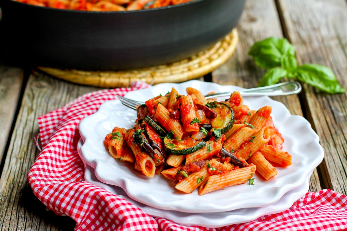 Roasted Zucchini & Eggplant Puttanesca Pasta