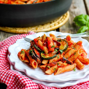 Roasted Zucchini and Eggplant Puttanesca Pasta