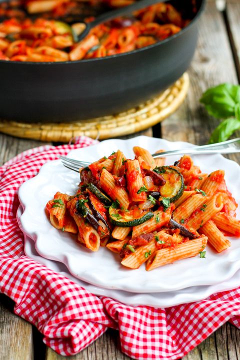 Roasted Zucchini and Eggplant Puttanesca Pasta