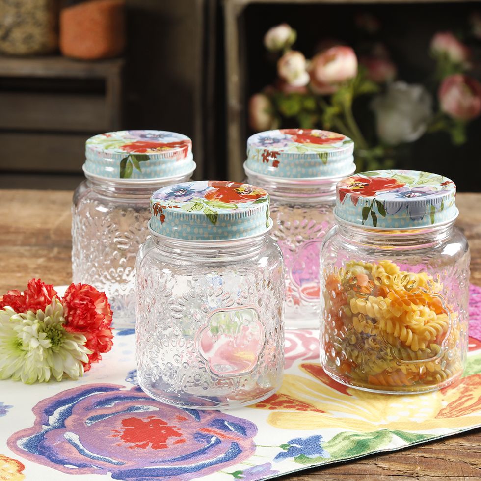 The Pioneer Woman Floral Medley Glass Storage Jars with Metal Rack