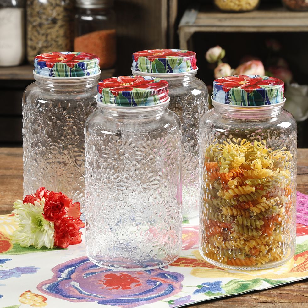The Pioneer Woman Floral Medley Glass Storage Jars with Metal Rack