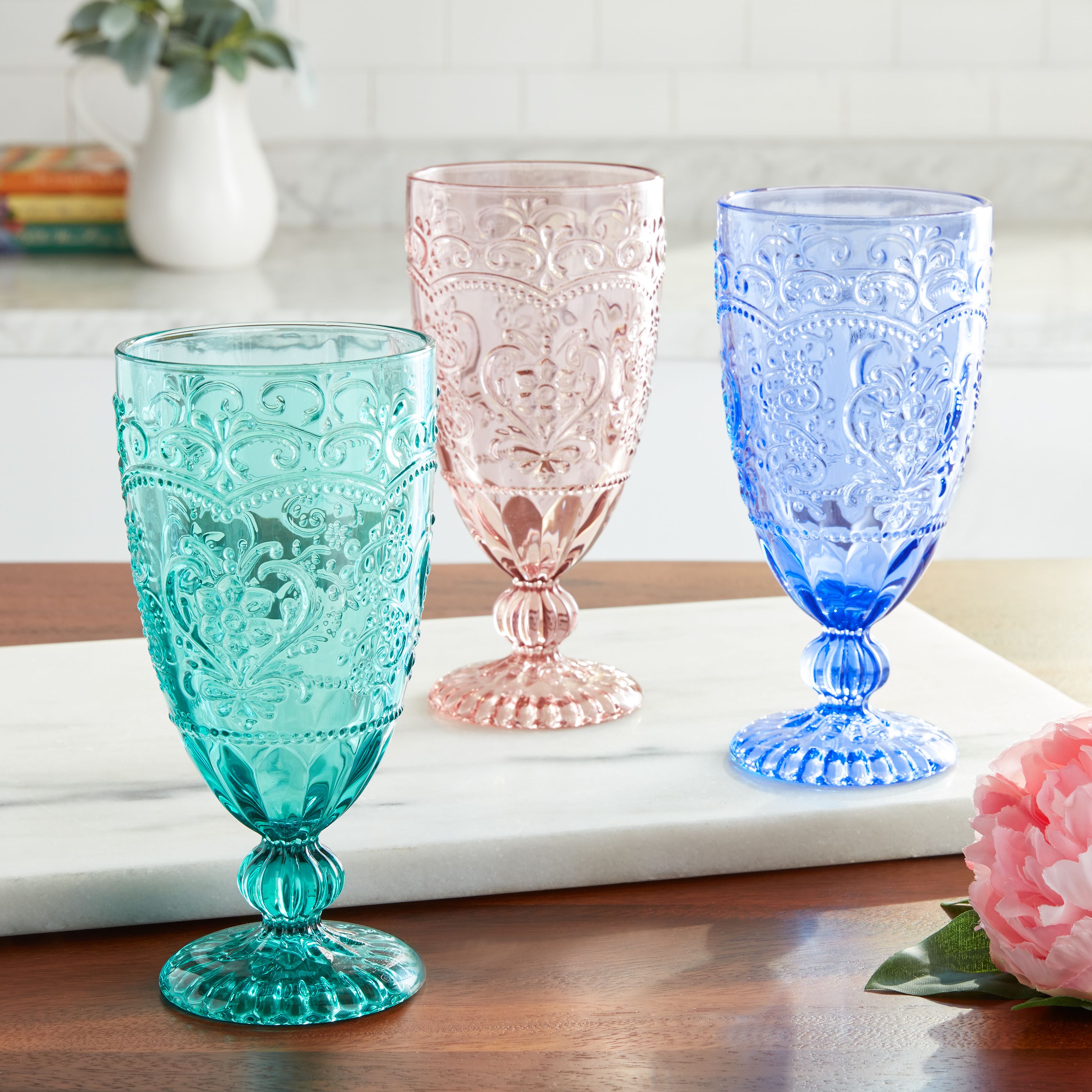 The Pioneer Woman Amelia Teal Glass Tumbler, Teal, Set of 4 