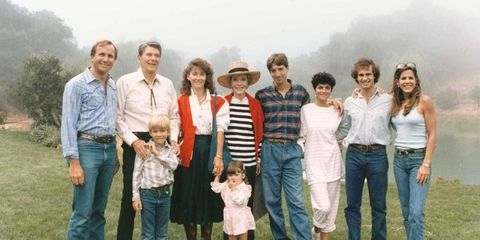 In August 1985 the family gathered at Rancho del Cielo.From left: Michael Reagan, Ronald Reagan with Cameron Reagan (Michael's son), Colleen Reagan (Michael's wife), Nancy Reagan, Ashley Marie Reagan (Michael's daughter), Ron Reagan, Doria Reagan (Ron's wife), Paul Grilley (Patti Davis's then-husband), and Patti Davis.