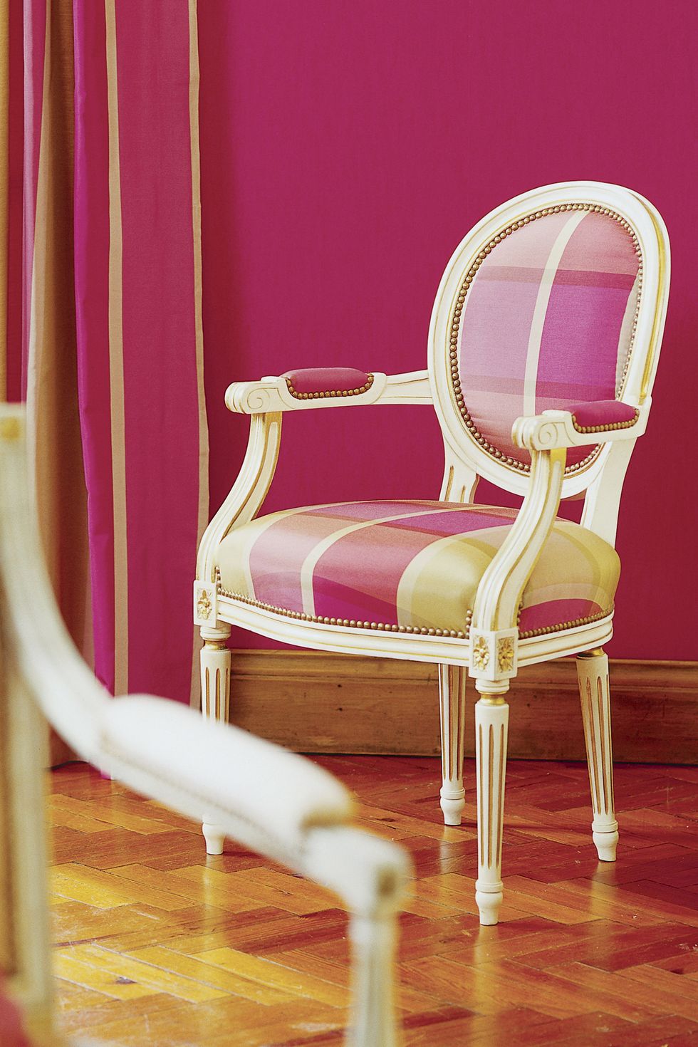 Chair, Furniture, Pink, Yellow, Magenta, Room, Interior design, Floor, Material property, Wood, 