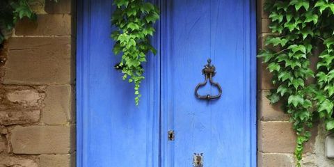 Wood, Green, Blue, Door, Wall, Home door, Fixture, Door handle, House, Majorelle blue, 