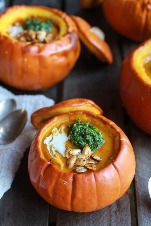 <p>Serving pumpkin soup in a pumpkin is about as meta as it gets.</p><p>Get the recipe from <a href="http://www.halfbakedharvest.com/roasted-garlic-sage-pesto-pumpkin-soup-spicy-fried-pumpkin-seeds/">Half Baked Harvest</a>.</p>
