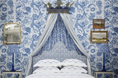 Blue, Room, Interior design, Wall, Textile, Bedroom, Interior design, Linens, Bed, Bedding, 