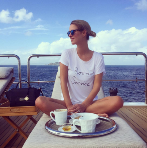 <p>Nicky Hilton sets sail and orders room service. </p>