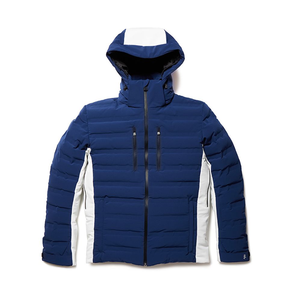 Clothing, Blue, Jacket, Sleeve, Textile, Outerwear, Standing, White, Collar, Electric blue, 
