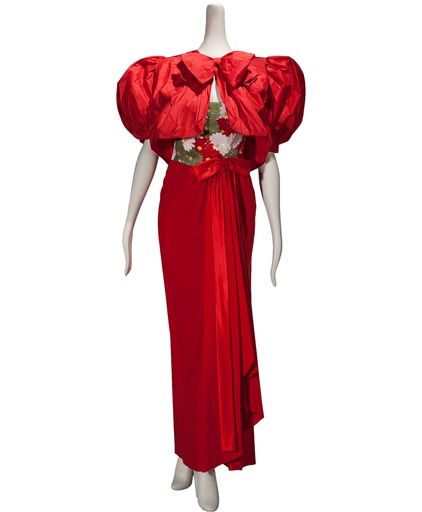 Sleeve, Shoulder, Red, Standing, Formal wear, Dress, Costume design, One-piece garment, Carmine, Maroon, 