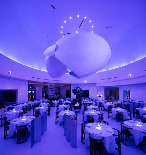 Blue, Interior design, Furniture, Ceiling, Purple, Violet, Table, Hall, Chair, Interior design, 