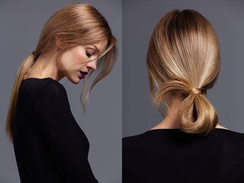 <p>"A loop is a nice change from a basic ponytail. It's not too formal or structured, and it looks great with a backless dress," says New York City hairstylist Jennifer Yepez, who created the looks for this story. For a sleek look, do a blowout then apply a hair serum like <a href="http://www.nexxus.com/product/detail/890320/products-therappehumectress-encapsulateserum?gclid=CjwKEAiA9JW2BRDxtaq2ruDg22oSJACgtTxcKI3rW12GnwDDmotVVIsxT2fVTtuvaEJxbob532PWyBoCBE7w_wcB&gclsrc=aw.ds" target="_blank">Nexxus Encapsulate Serum</a> from mid-shaft to the ends for extra polish and shine. Pull your hair back and start to make a regular ponytail, but don't pull the tail all the way through. Grab a piece of hair from the loop, wrap it around your elastic band and secure it with a pin.</p>