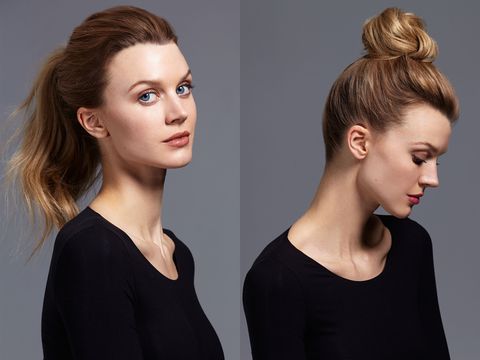 <p>On a busy morning, it's easy to fall back on a quick ponytail, but a braided bun is fresher—and just as easy. Prep your hair with a thickener like <a href="http://www.oribe.com/grandiose-hair-plumping-mousse.html" target="_blank">Oribe Grandiose Hair Plumping Mousse</a> then pull hair up into a high ponytail. Make a braid and secure the end with a small elastic. Gently loosen up the braid, wrap it around and pin.</p>