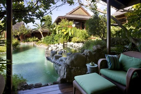 Plant, Landscape, Outdoor furniture, House, Couch, Roof, Garden, Outdoor sofa, Home, Pond, 
