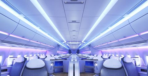Interior design, Ceiling, Service, Aerospace engineering, Aircraft cabin, Air travel, Purple, Airline, Engineering, Ceiling fixture, 