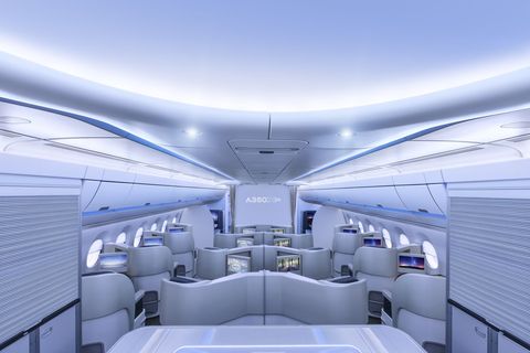 Blue, Transport, Air travel, Interior design, Airline, Aircraft cabin, Service, Ceiling, Airliner, Aerospace engineering, 
