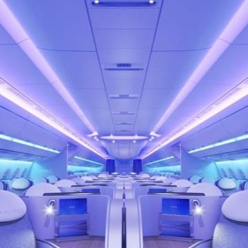 Blue, Interior design, Aircraft cabin, Ceiling, Air travel, Airline, Service, Aerospace engineering, Electric blue, Aerospace manufacturer, 