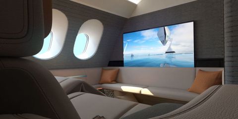Interior design, Room, Flat panel display, Couch, Space, Display device, Air travel, Living room, Airline, Aircraft cabin, 
