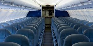 Blue, Mode of transport, Transport, Aircraft cabin, Air travel, Airline, Aisle, Service, Airliner, Aerospace engineering, 