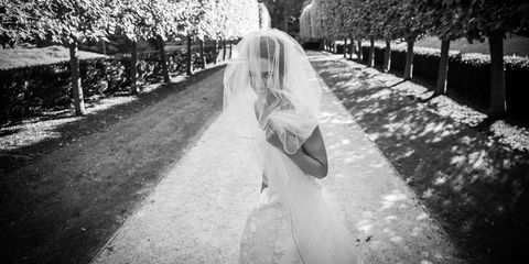 Bridal clothing, Bridal veil, Dress, Photograph, White, Veil, Petal, Bride, Wedding dress, Gown, 