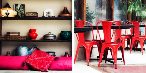Red, Room, Chair, Bag, Picture frame, Interior design, Porcelain, Shoulder bag, Pottery, Design, 