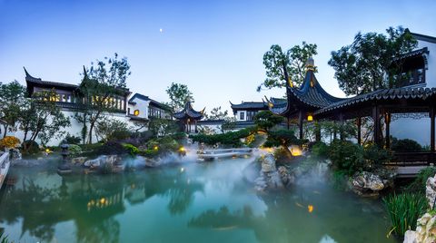 Water resources, Reflection, Tree, Chinese architecture, Watercourse, Pond, Bank, Japanese architecture, Garden, Reservoir, 
