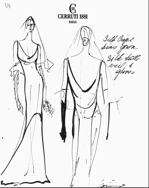 This is an artist sketch of the wedding gown worn by Carolyn Bessette Saturday Sept. 21, 1996 when she married John F. Kennedy Jr. at a church on Cumberland Island, along the southeastern Georgia coast. The gown was pearl-colored silk designed by Narciso Rodriguez for Cerruti 1881. Margaret Muldoon, a spokeswoman for designer Nino Cerruti, said only Cerruti and Rodriguez knew that the dress, ordered about 15 days ago, was being made for Bessette (AP Photo/Cerruti 1881)