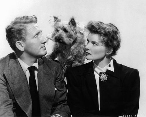 Spencer Tracy and Katharine Hepburn sit with a dog on their shoulders in a scene from the 1945 film Without Love