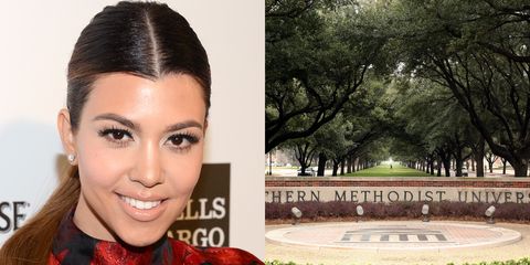 <p><strong>Southern Methodist University and University of Arizona</strong></p><p>After two years at Southern Methodist University in Dallas, Kardashian transferred to the University of Arizona, Tucson, where she completed her Bachelor's degree in theatre arts and a minor in Spanish. </p><p>In an <a href="http://www.usmagazine.com/entertainment/news/25-things-you-dont-know-about-me-kourtney-kardashian-2010610" target="_blank">US Weekly article,</a> Kardashian shared that while at college she was stung by a scorpion and  failed two classes because she was "too nervous to give speeches."</p>
